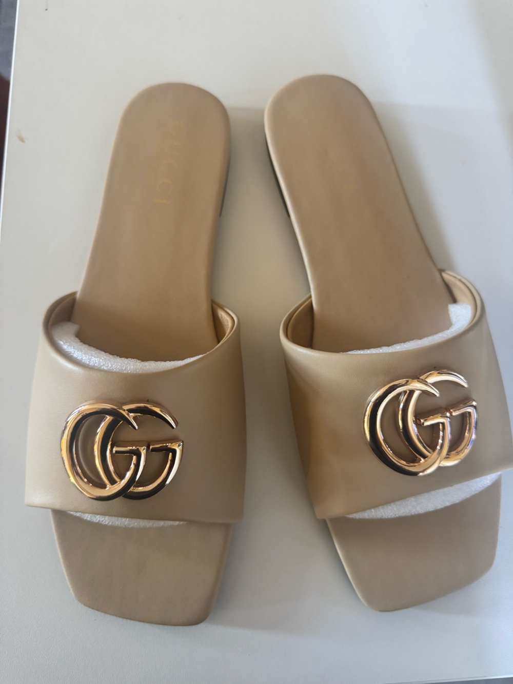 Gucci Tan Slide Mules with Gold Double G Emblem